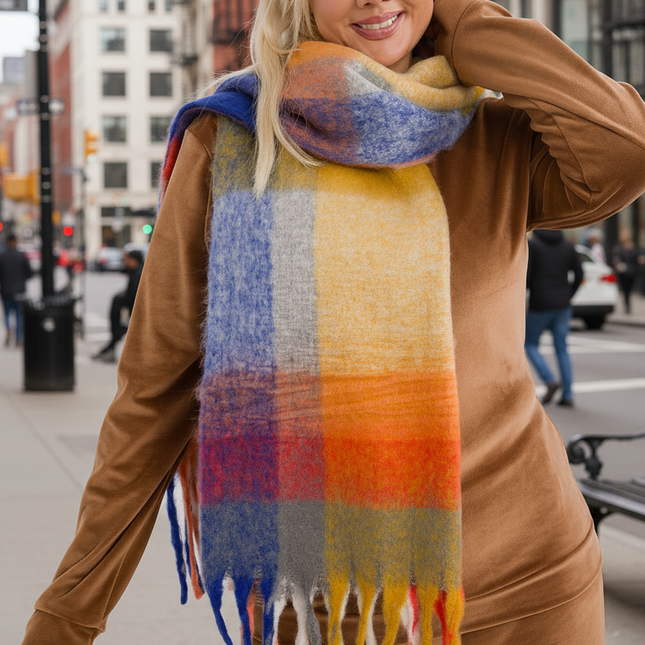 Cozy Colorful Plaid Shawl with Elegant Tassels