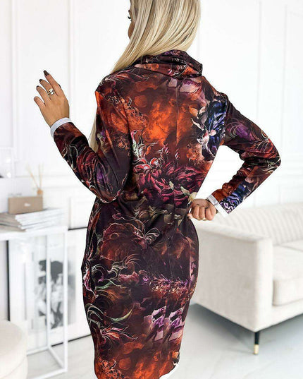 Elegant Brown Print Turtleneck Dress by Numoco