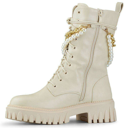 Chic Beige Ankle Boots with Pearl Chain Detail