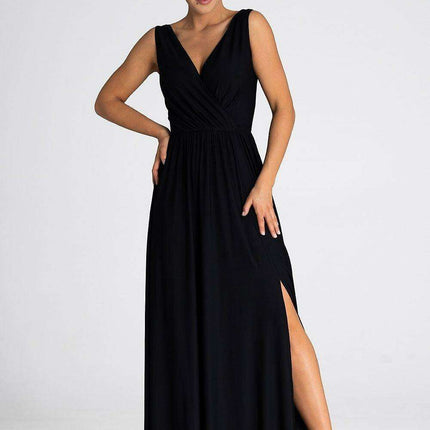 Sophisticated V-Neck Maxi Dress with Eye-Catching Front Slit and Tailored Waist Detail