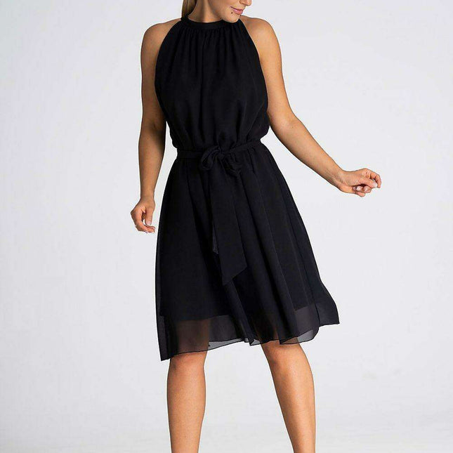 Versatile Chiffon Halter Evening Gown with Adjustable Sash - Stylish Trapezoidal Design