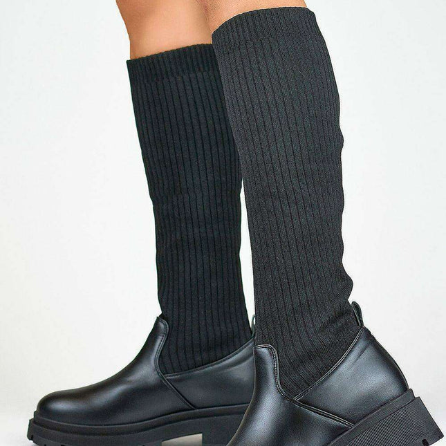 Eco Leather Knee-High Boots with Ribbed Fabric & Flat Heel