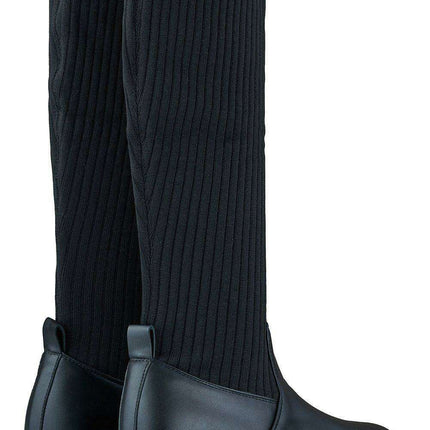 Eco Leather Knee-High Boots with Ribbed Fabric & Flat Heel