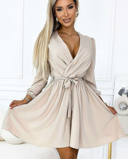 Chic Beige Cocktail Dress with Alluring Envelope Neckline by Numoco