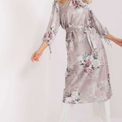 Blossom-Print Midi Dress with Elegant Puff Sleeves and Waist Tie