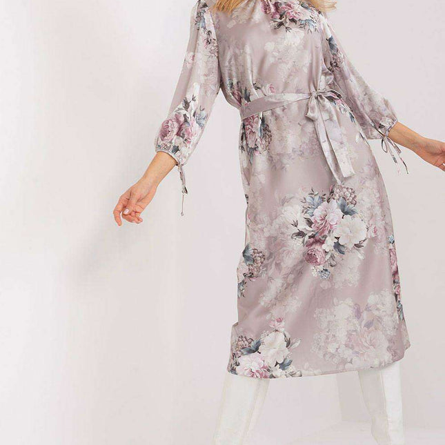 Blossom-Print Midi Dress with Elegant Puff Sleeves and Waist Tie
