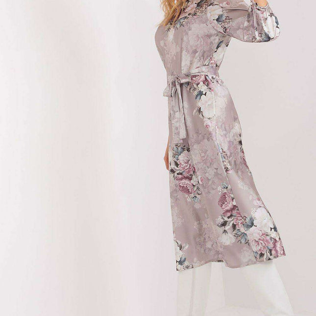 Blossom-Print Midi Dress with Elegant Puff Sleeves and Waist Tie