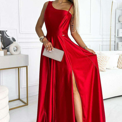 Chic One-Shoulder Red Satin Evening Gown by Numoco