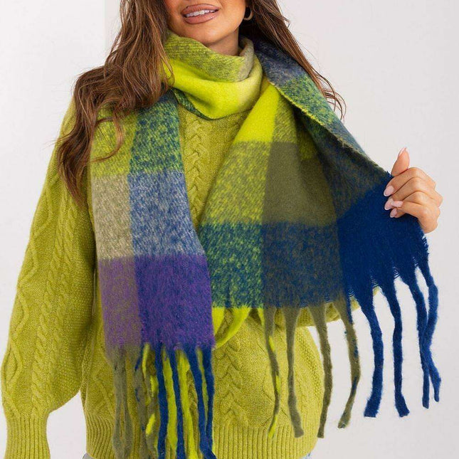 Vibrant Plaid Polyester Wrap with Tassels - Fashionable Cold Weather Essential