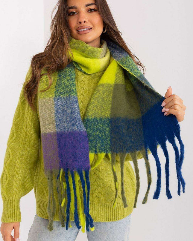 Vibrant Plaid Polyester Wrap with Tassels - Fashionable Cold Weather Essential