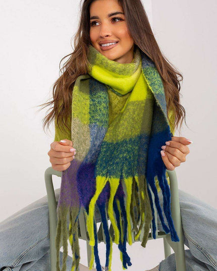 Vibrant Plaid Polyester Wrap with Tassels - Fashionable Cold Weather Essential