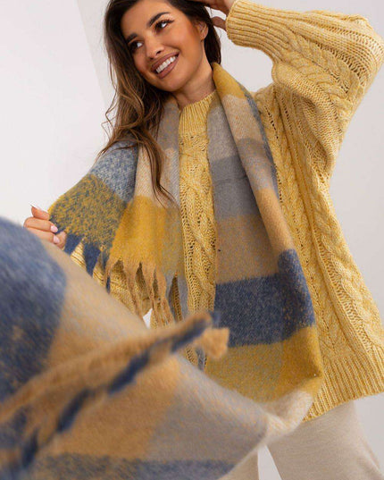 Vibrant Plaid Polyester Wrap with Tassels - Fashionable Cold Weather Essential