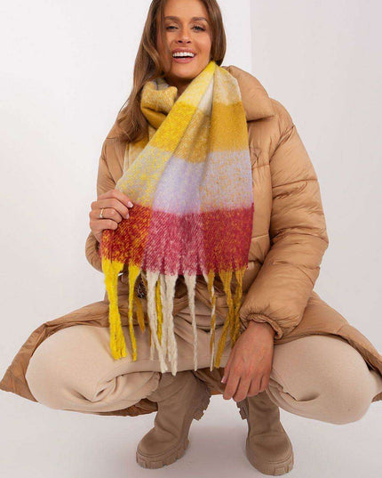 Vibrant Plaid Polyester Wrap with Tassels - Fashionable Cold Weather Essential