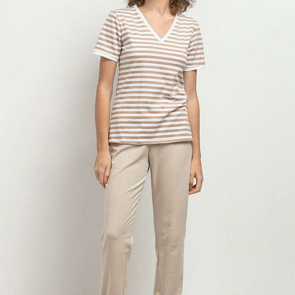 Chic Striped V-Neck Blouse with Stylish Pleats and Cuffed Sleeves