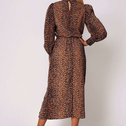 Sophisticated Camel Midi Dress with Contemporary High Collar