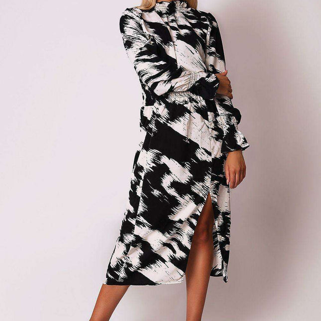 Sophisticated Black and White Ruffled Midi Dress