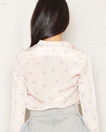 Elegant Bird Motif Long Sleeve Blouse for Professional Attire