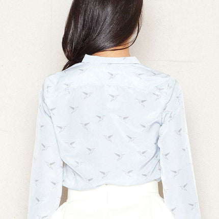 Avian Elegance: Bird Print Button-Up Blouse for Women