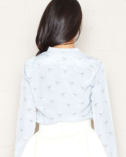 Avian Elegance: Bird Print Button-Up Blouse for Women