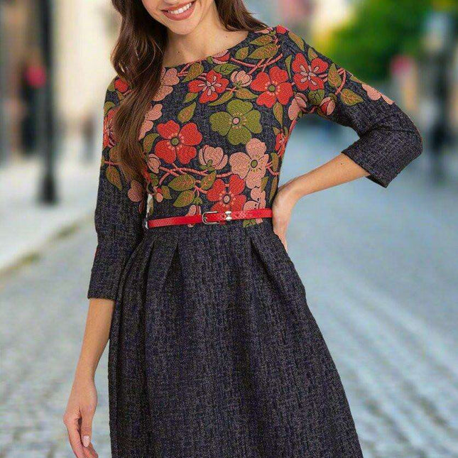 Elegant Floral Embroidered Fit-and-Flare Dress