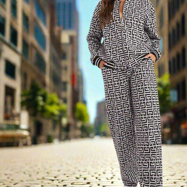 Stylish Zip-Up Sweatshirt and Flared Pants Set