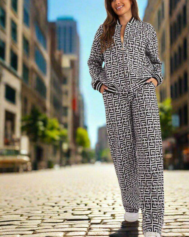 Stylish Zip-Up Sweatshirt and Flared Pants Set