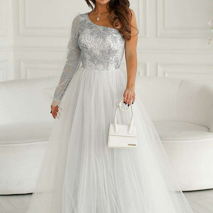 Glamorous Bicotone One-Shoulder Lace Evening Gown