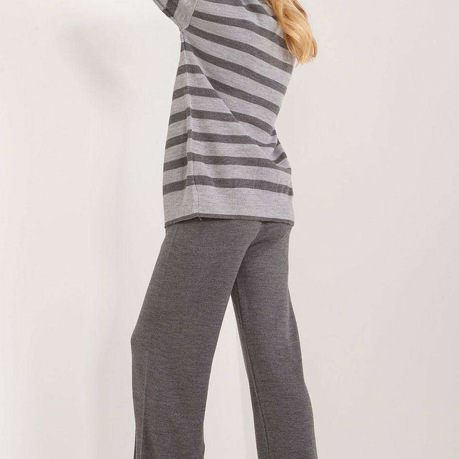 Sophisticated Striped Ribbed Knit Outfit with High-Waisted Trousers