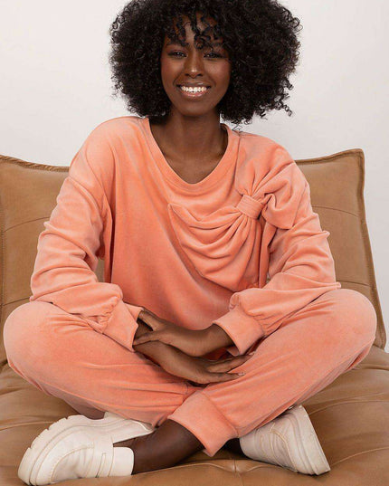 Elegant Bow Detail Velour Lounge Set Italy Moda Women