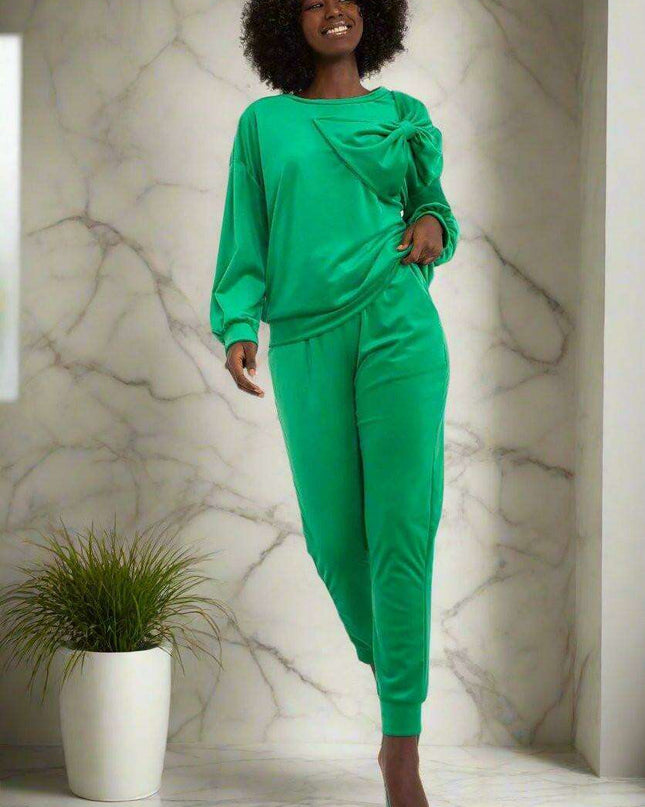 Elegant Bow Detail Velour Lounge Set Italy Moda Women