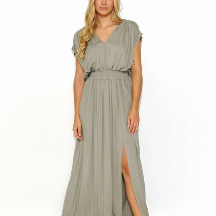 Elegant Summer Knit Maxi Dress with Gold Accent Sleeves
