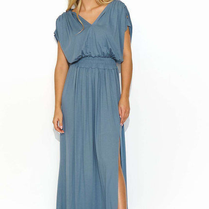 Elegant Summer Knit Maxi Dress with Gold Accent Sleeves