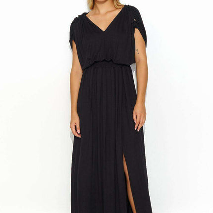 Elegant Summer Knit Maxi Dress with Gold Accent Sleeves