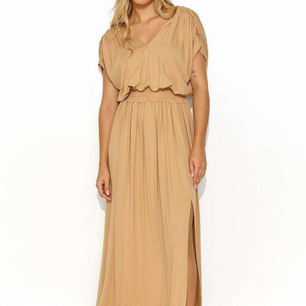 Elegant Summer Knit Maxi Dress with Gold Accent Sleeves