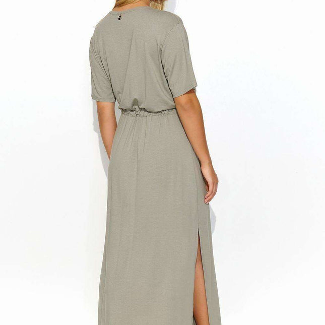 Chic Macadamia Waist-Tie Maxi Dress with Elegant Gold Detail