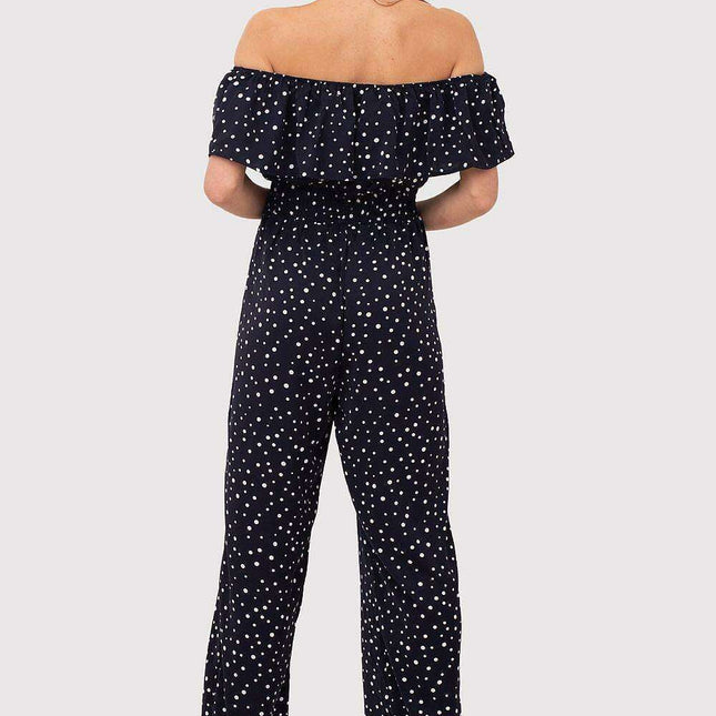Navy Blue Polka Dot Bardot Jumpsuit with Playful Ruffled Waist