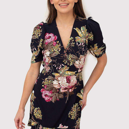 Floral Elegance V-Neck Mini Dress with Back Zip