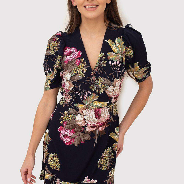 Floral Elegance V-Neck Mini Dress with Back Zip