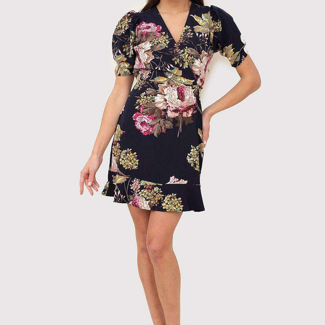Floral Elegance V-Neck Mini Dress with Back Zip