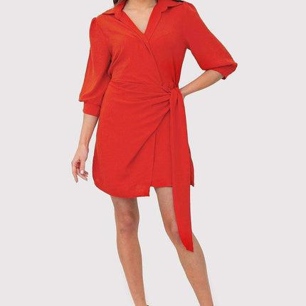 Chic Vibrant Orange Mini Dress with Stylish Waist Tie and Cuffed Sleeves