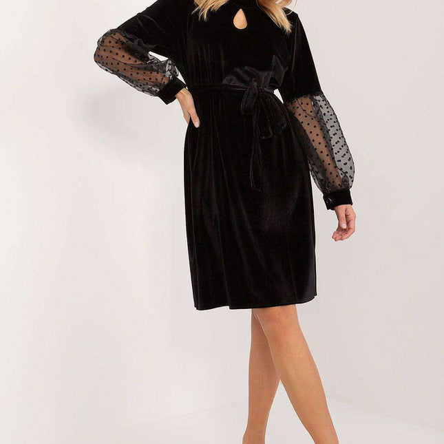 Elegant Knee-Length Dress with Sheer Sleeves and Cinched Waist