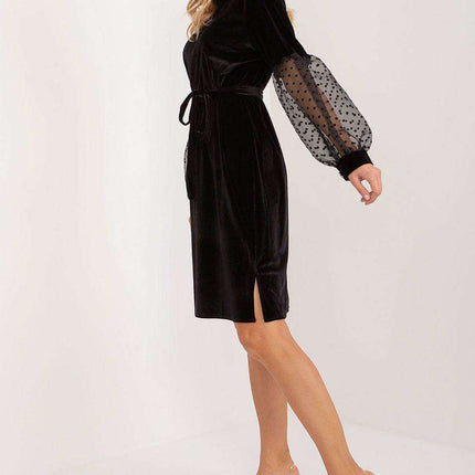 Elegant Knee-Length Dress with Sheer Sleeves and Cinched Waist