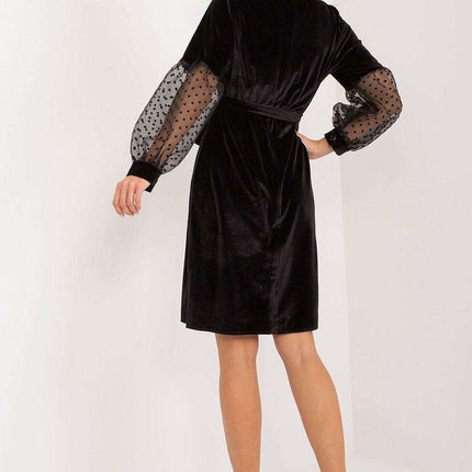 Elegant Knee-Length Dress with Sheer Sleeves and Cinched Waist