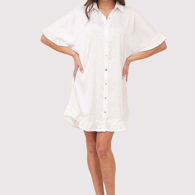 Chic Ruffle-Accented Shirt Dress with Gold Button Details and Timeless Collar