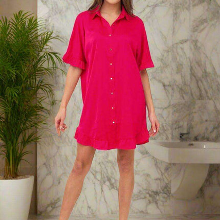 Chic Ruffle-Accented Shirt Dress with Gold Button Details and Timeless Collar