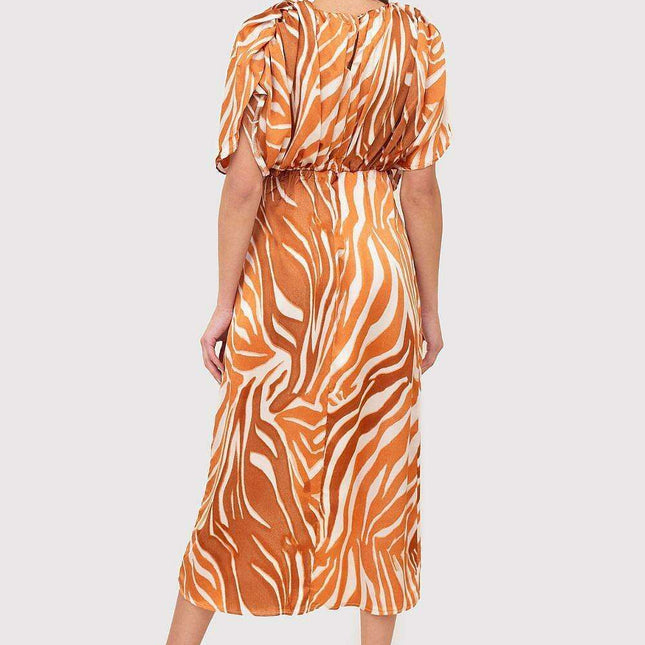 Chic Animal Print Midi Dress with Statement Sleeves and Adjustable Waistline
