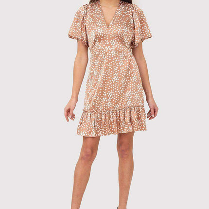 Chic Brown Frill-Trimmed Mini Dress with Flared Sleeves and V-Neckline