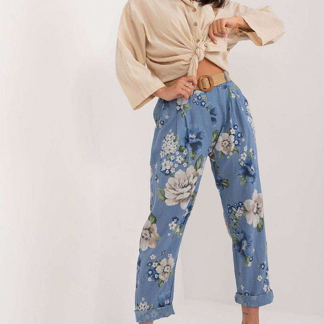 Floral Print High Waist Cotton Trousers With Adjustable Belt