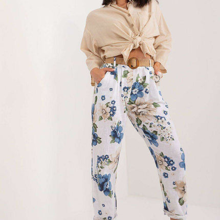 Floral Print High Waist Cotton Trousers With Adjustable Belt