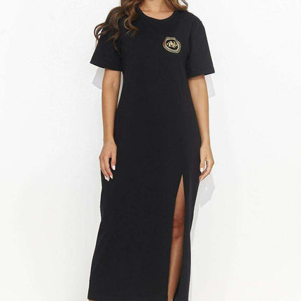 Elegant Black Maxi Sweater Dress with Artistic Appliqués